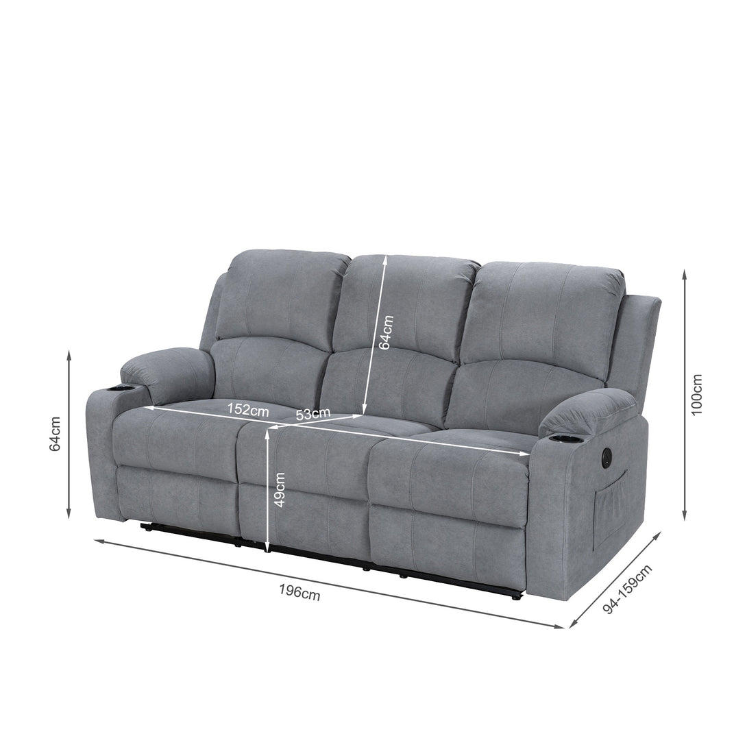 Henley Fabric Electric 3 Seater Recliner Sofa - Grey