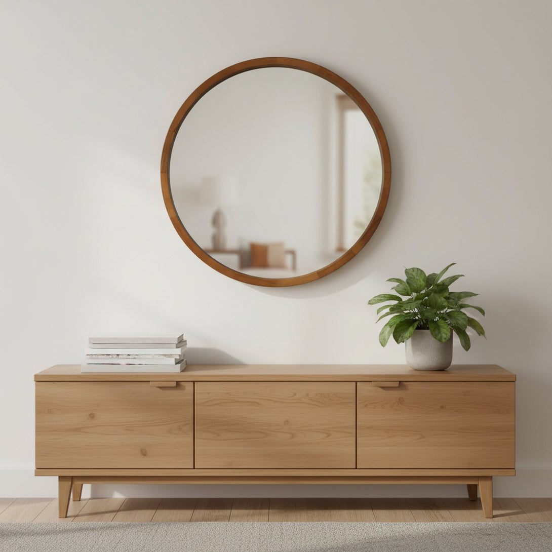 Echo Round Wooden Framed Wall Mirror 60cm - Dark Wood