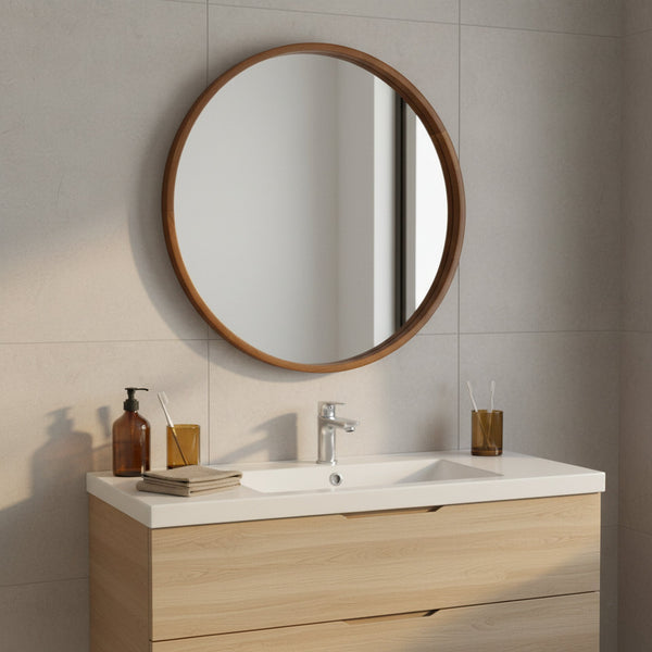 Echo Round Wooden Framed Wall Mirror 80cm - Dark Wood