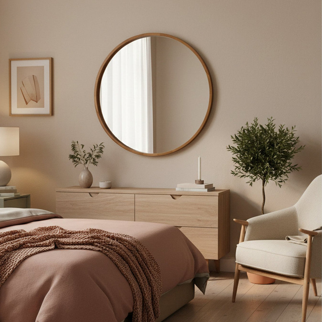 Echo Round Wooden Framed Wall Mirror 95cm - Dark Wood