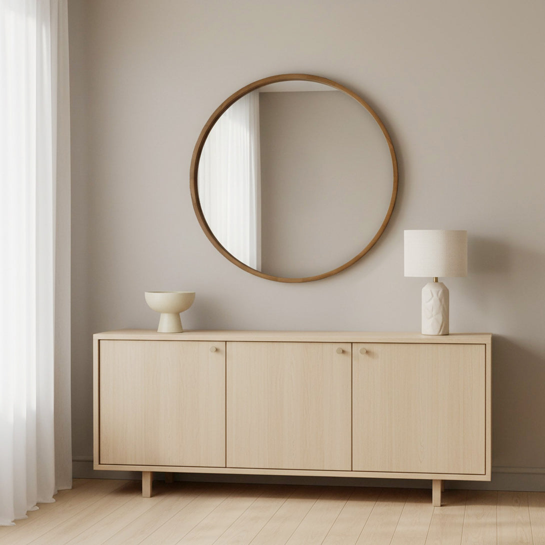 Echo Round Wooden Framed Wall Mirror 95cm - Dark Wood