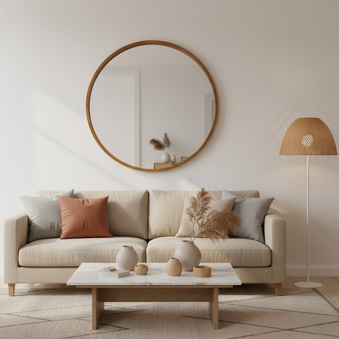 Echo Round Wooden Framed Wall Mirror 95cm - Dark Wood