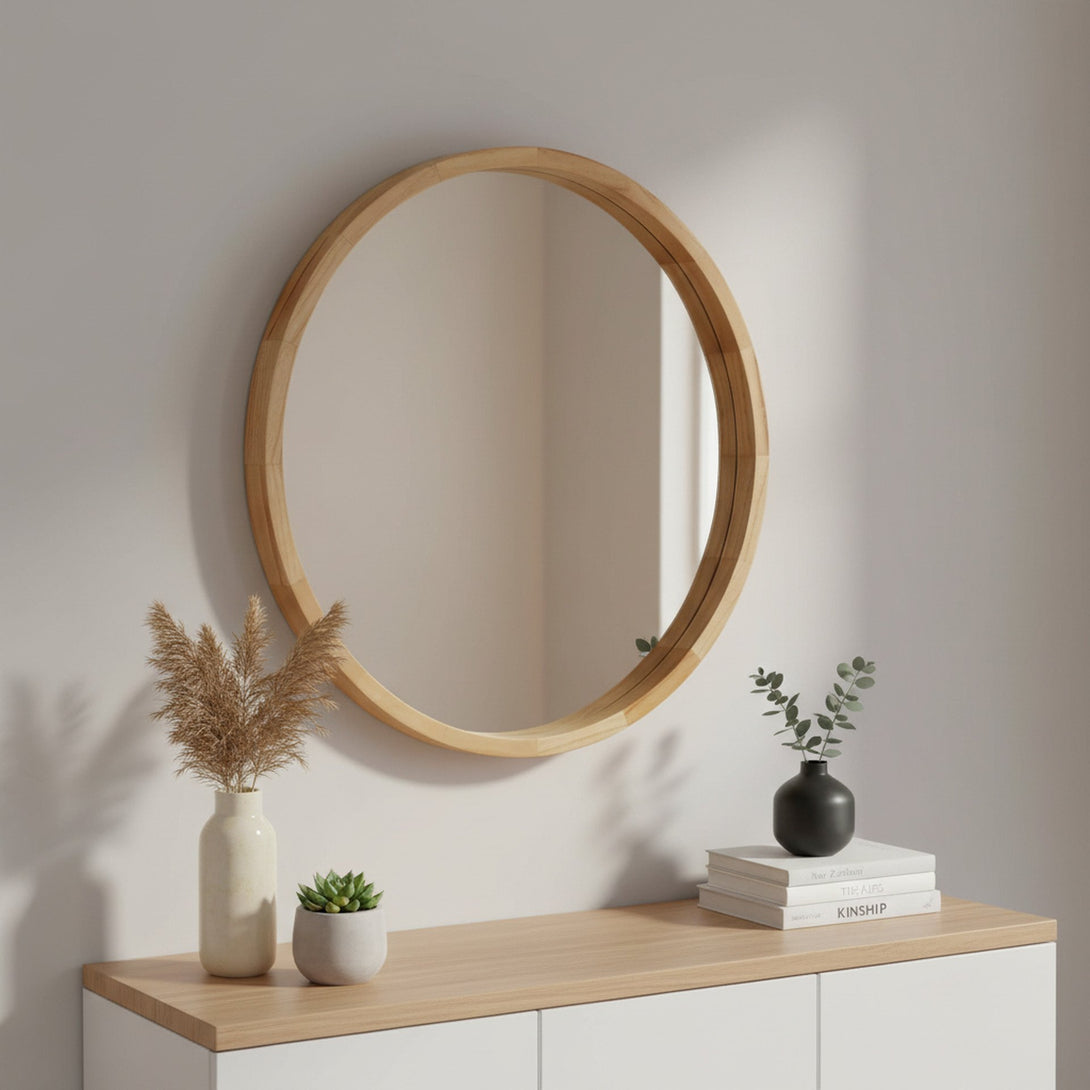 Echo Round Wooden Framed Wall Mirror 60cm - Light Wood