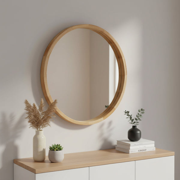 Echo Round Wooden Framed Wall Mirror 60cm - Light Wood