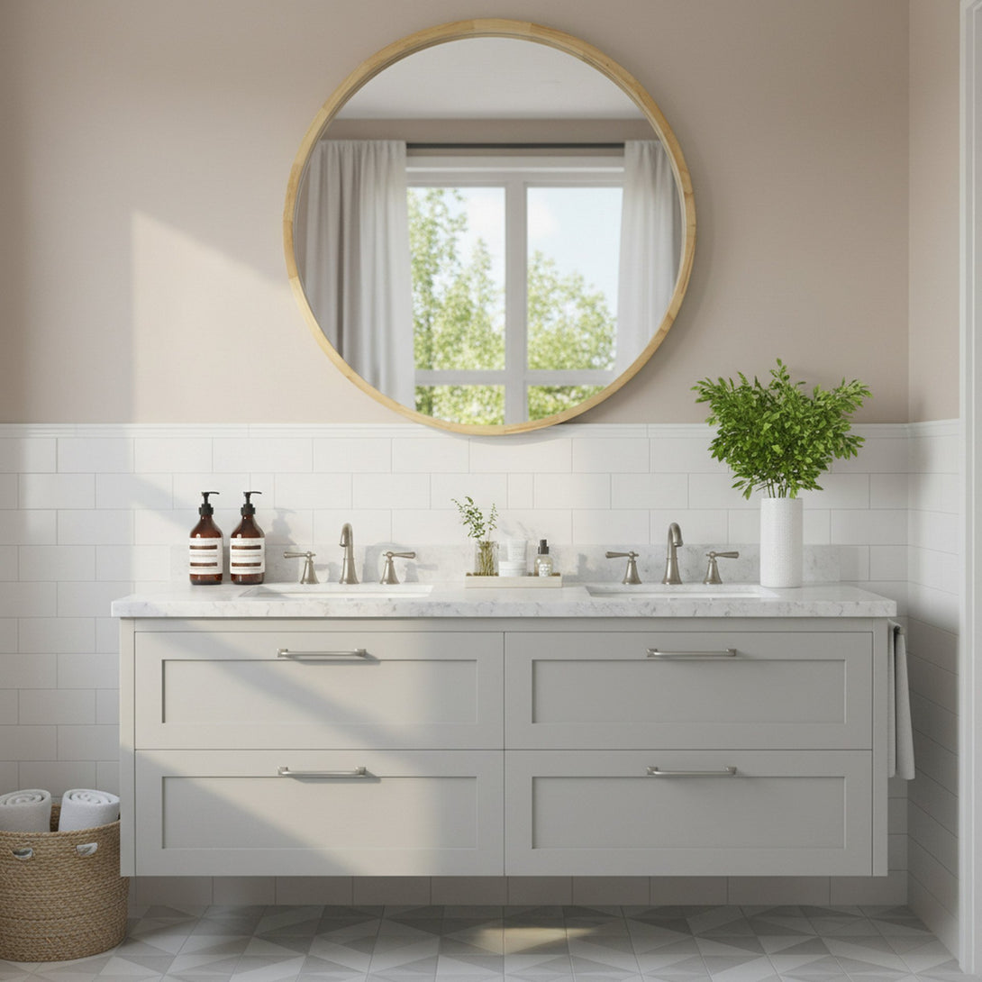 Echo Round Wooden Framed Wall Mirror 80cm - Light Wood