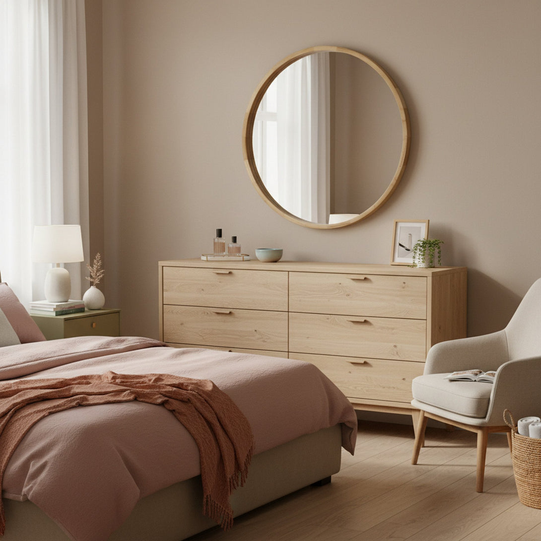 Echo Round Wooden Framed Wall Mirror 80cm - Light Wood