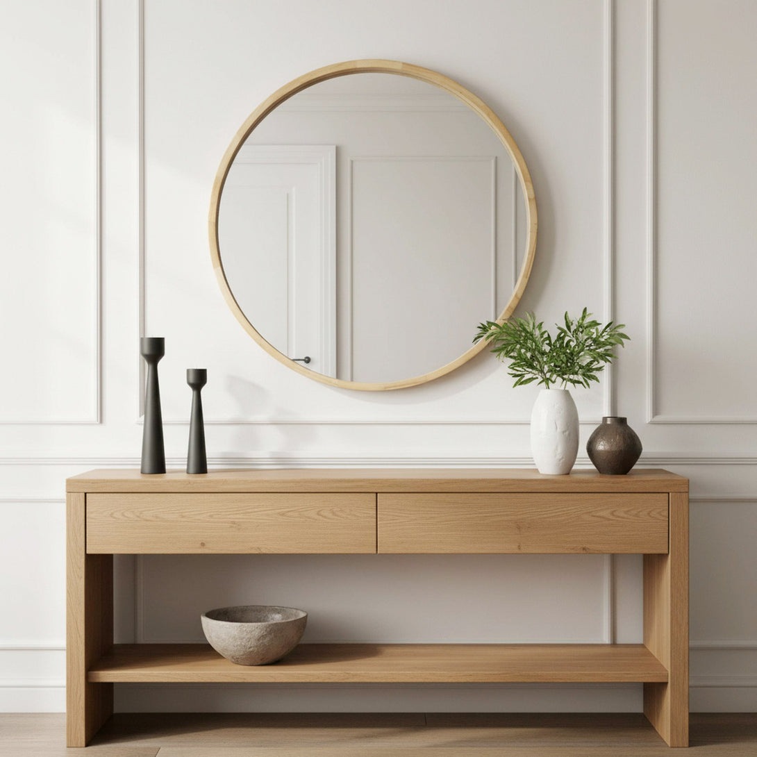 Echo Round Wooden Framed Wall Mirror 80cm - Light Wood