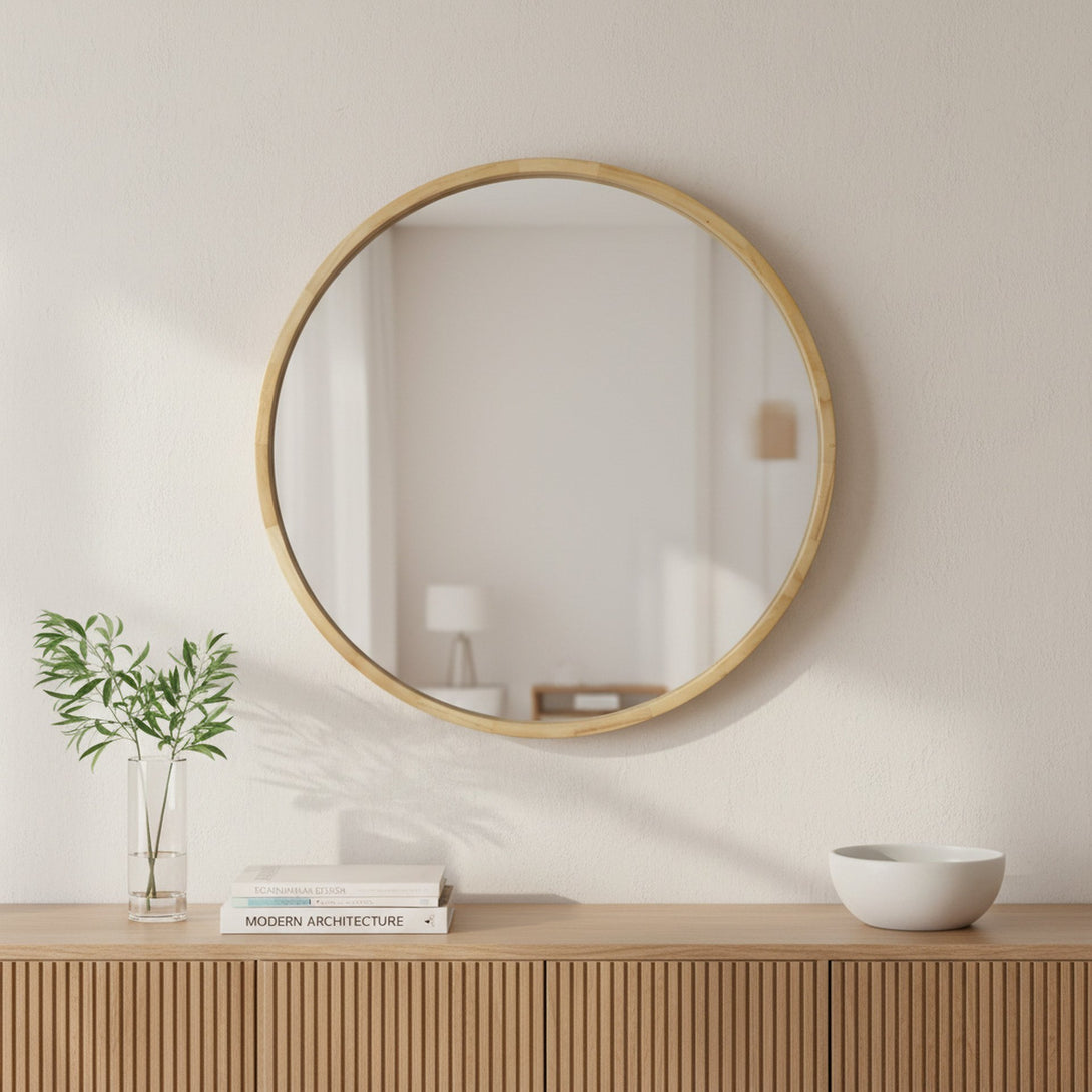Echo Round Wooden Framed Wall Mirror 80cm - Light Wood