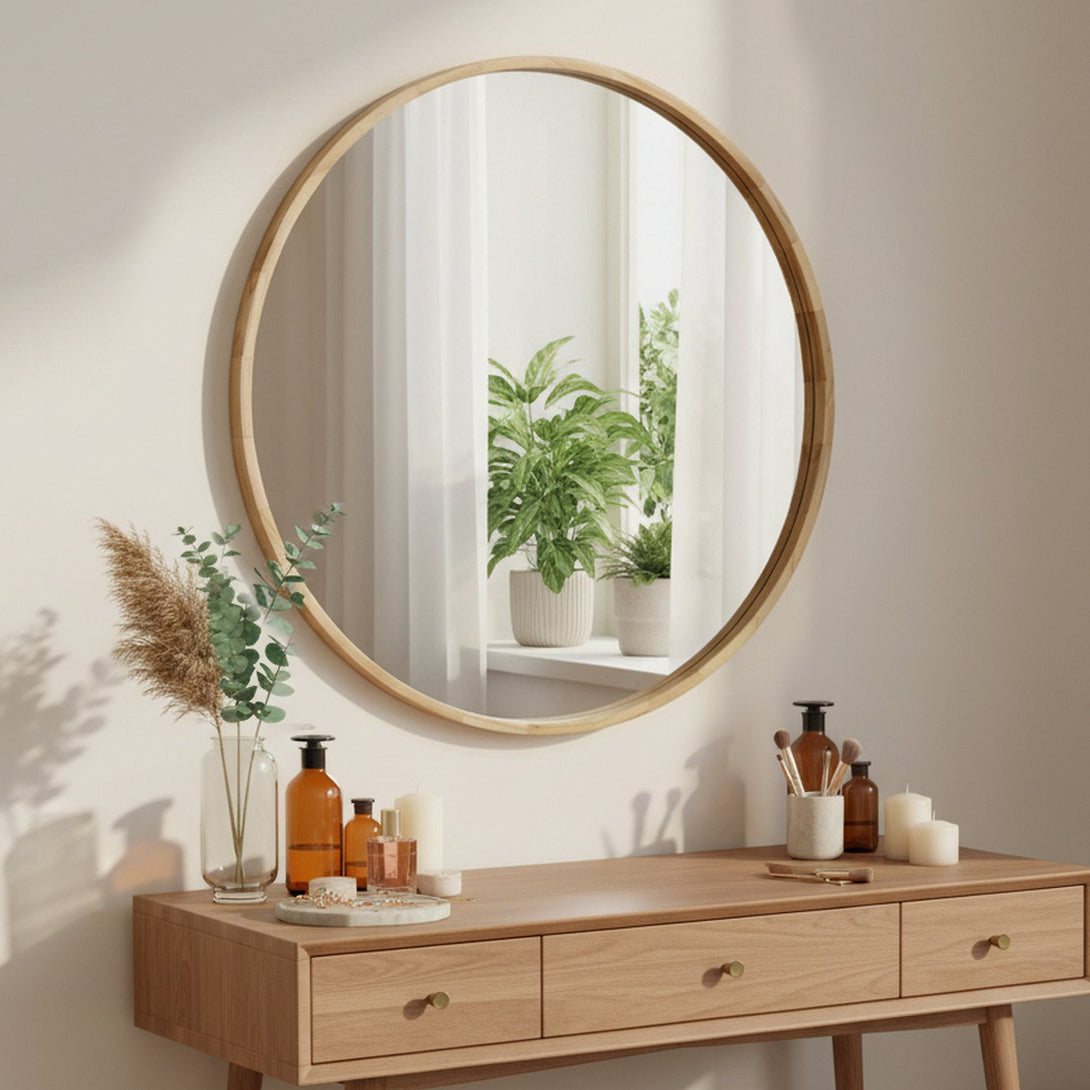 Echo Round Wooden Framed Wall Mirror 120cm - Light Wood
