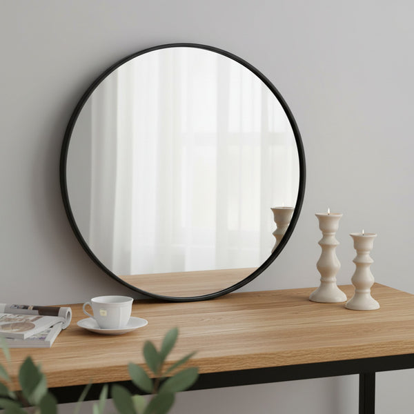 Noir Round Wooden Wall Mirror 50cm - Black