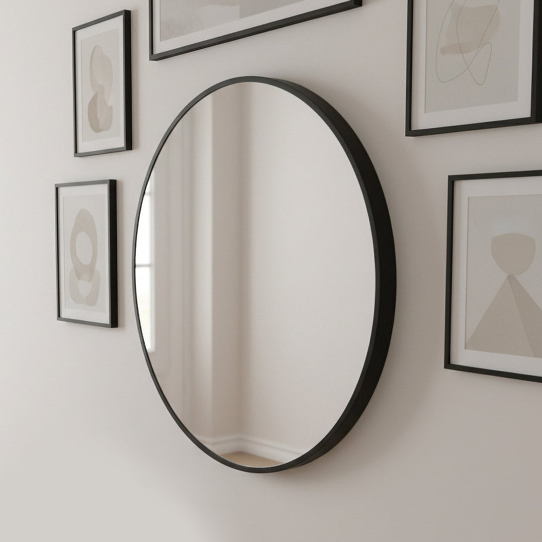 Noir Round Wooden Wall Mirror 50cm - Black