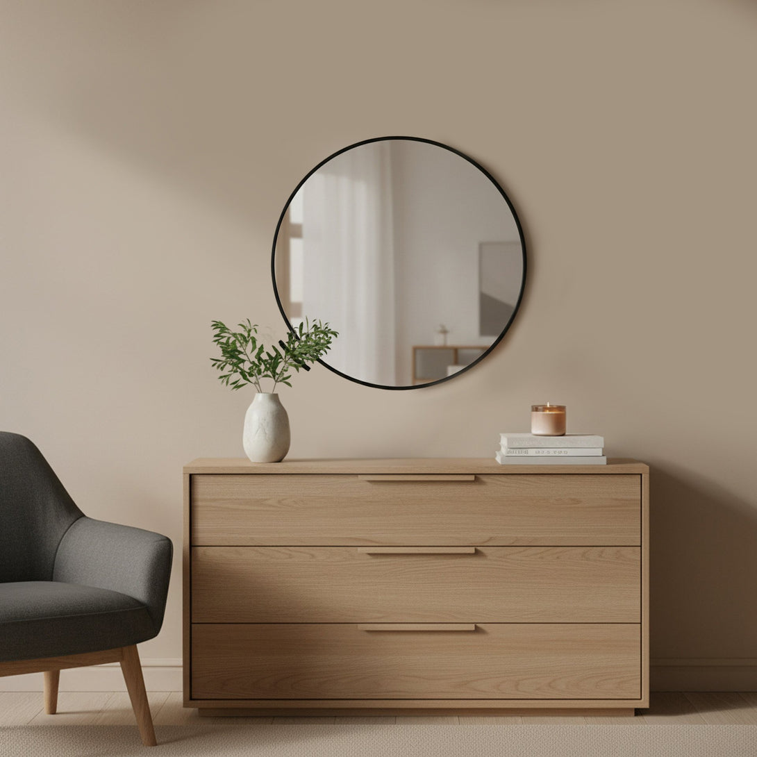 Noir Round Wooden Wall Mirror 60cm - Black