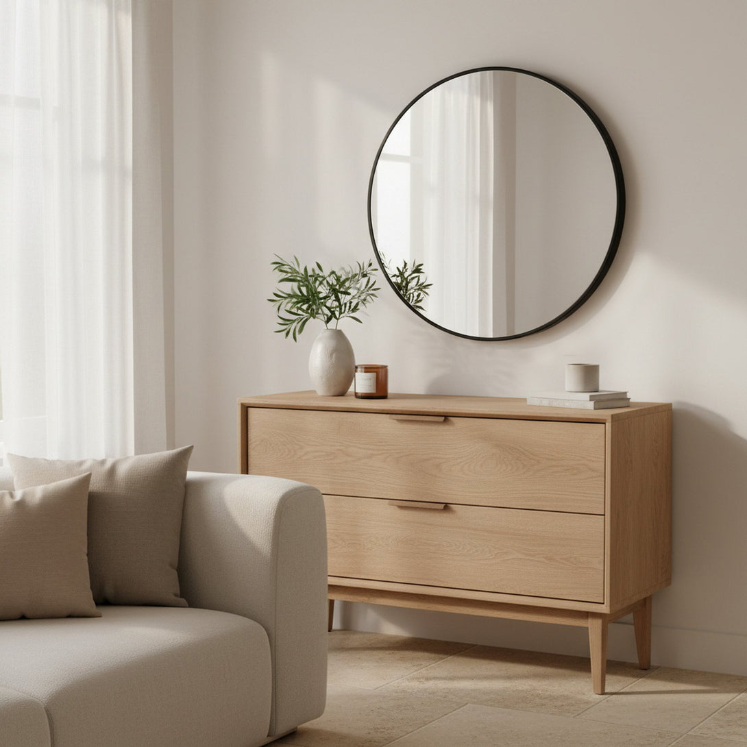 Noir Round Wooden Wall Mirror 70cm - Black