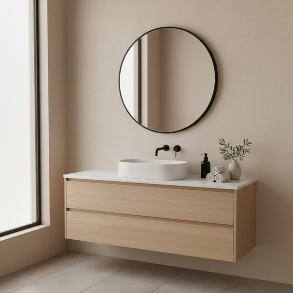 Noir Round Wooden Wall Mirror 80cm - Black