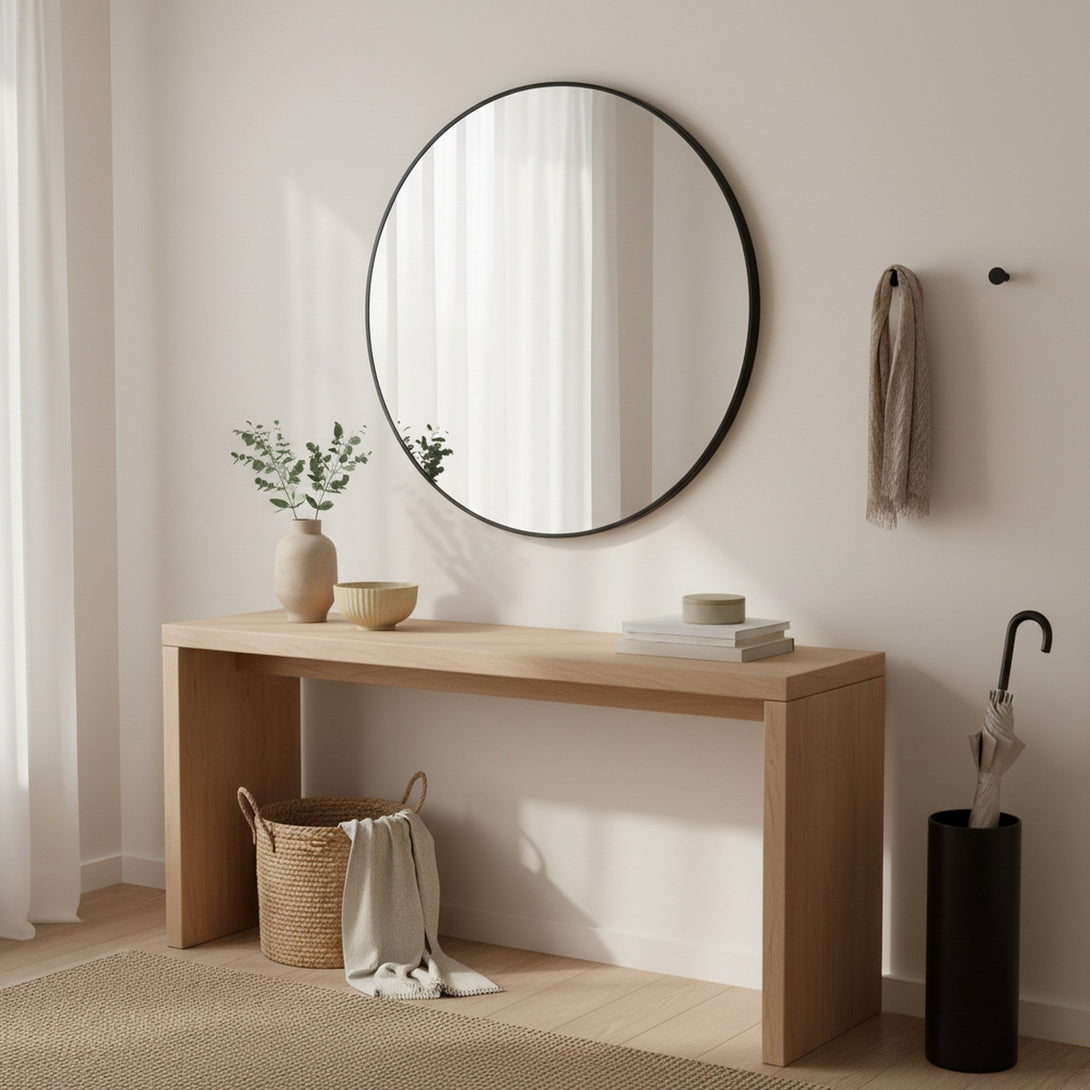 Noir Round Wooden Wall Mirror 90cm - Black