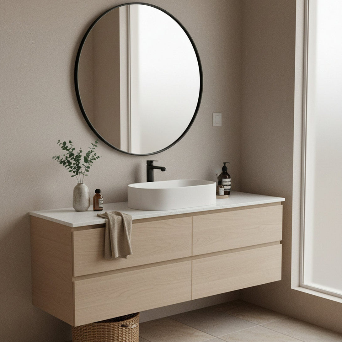 Noir Round Wooden Wall Mirror 90cm - Black