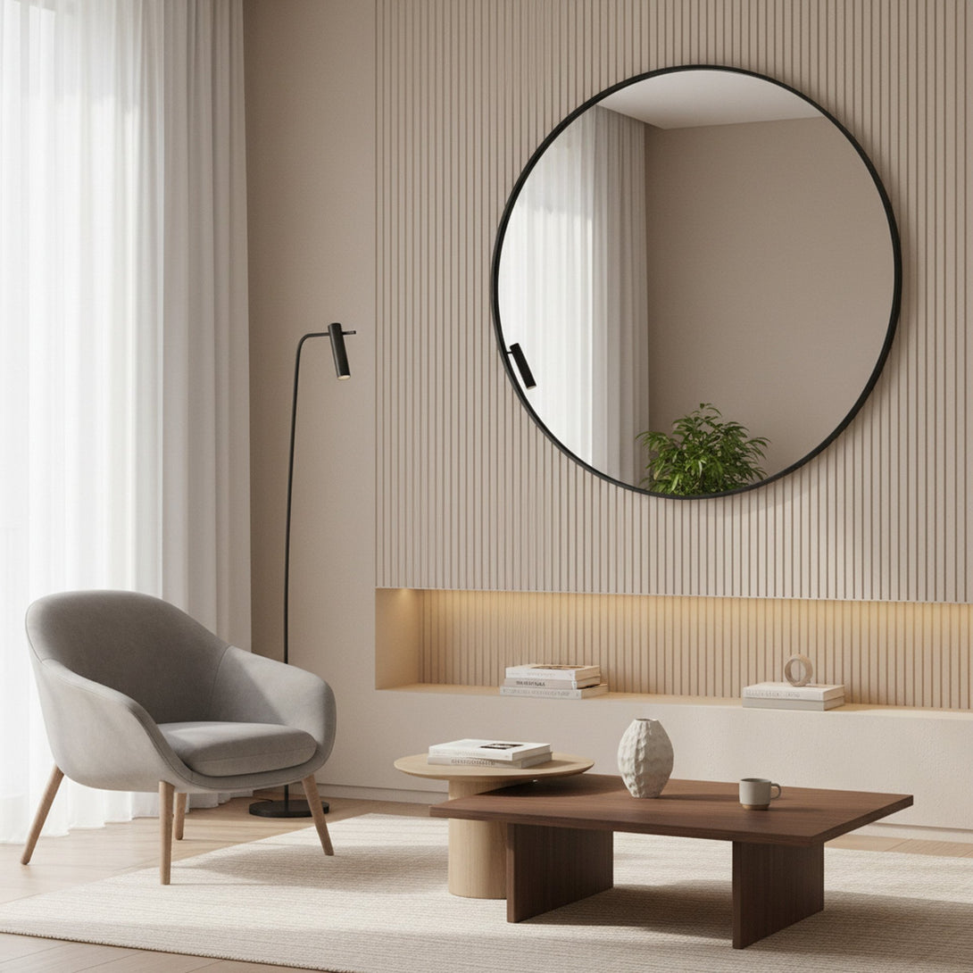 Noir Round Wooden Wall Mirror 90cm - Black