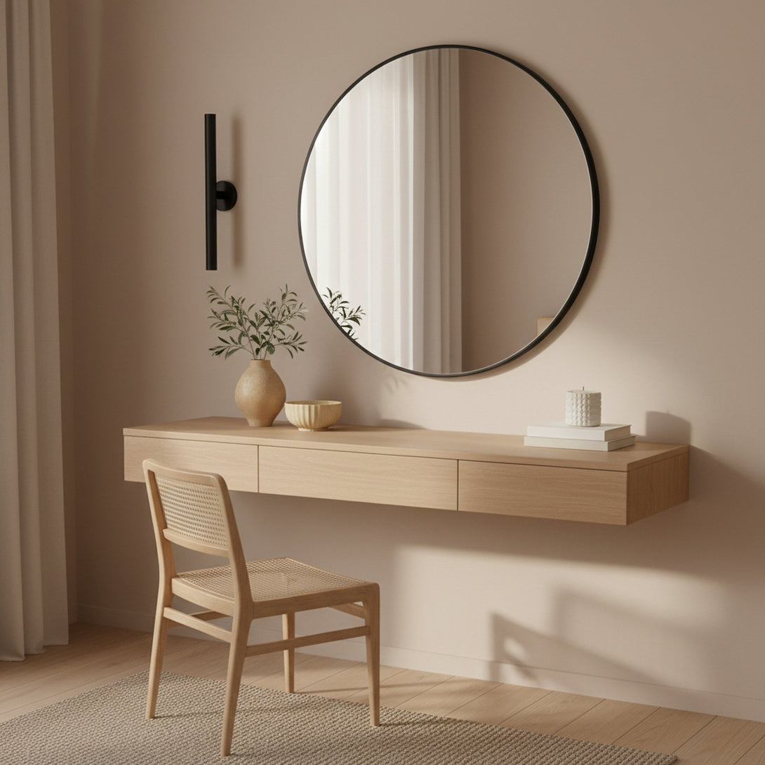 Noir Round Wooden Wall Mirror 90cm - Black