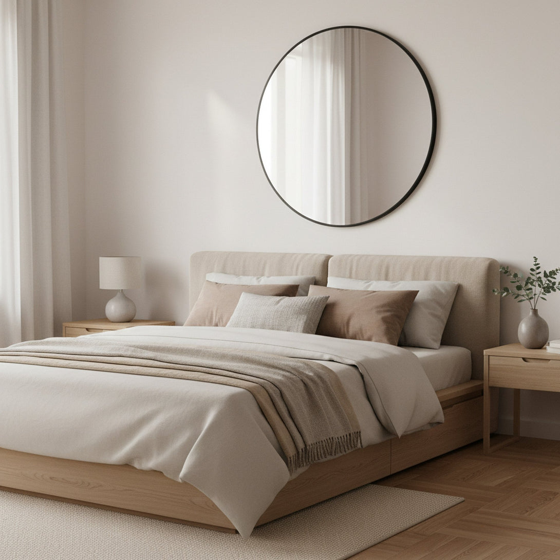 Noir Round Wooden Wall Mirror 90cm - Black