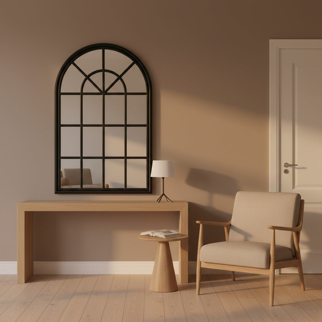 Lattice Arched Wooden Mirror 120cm - Black