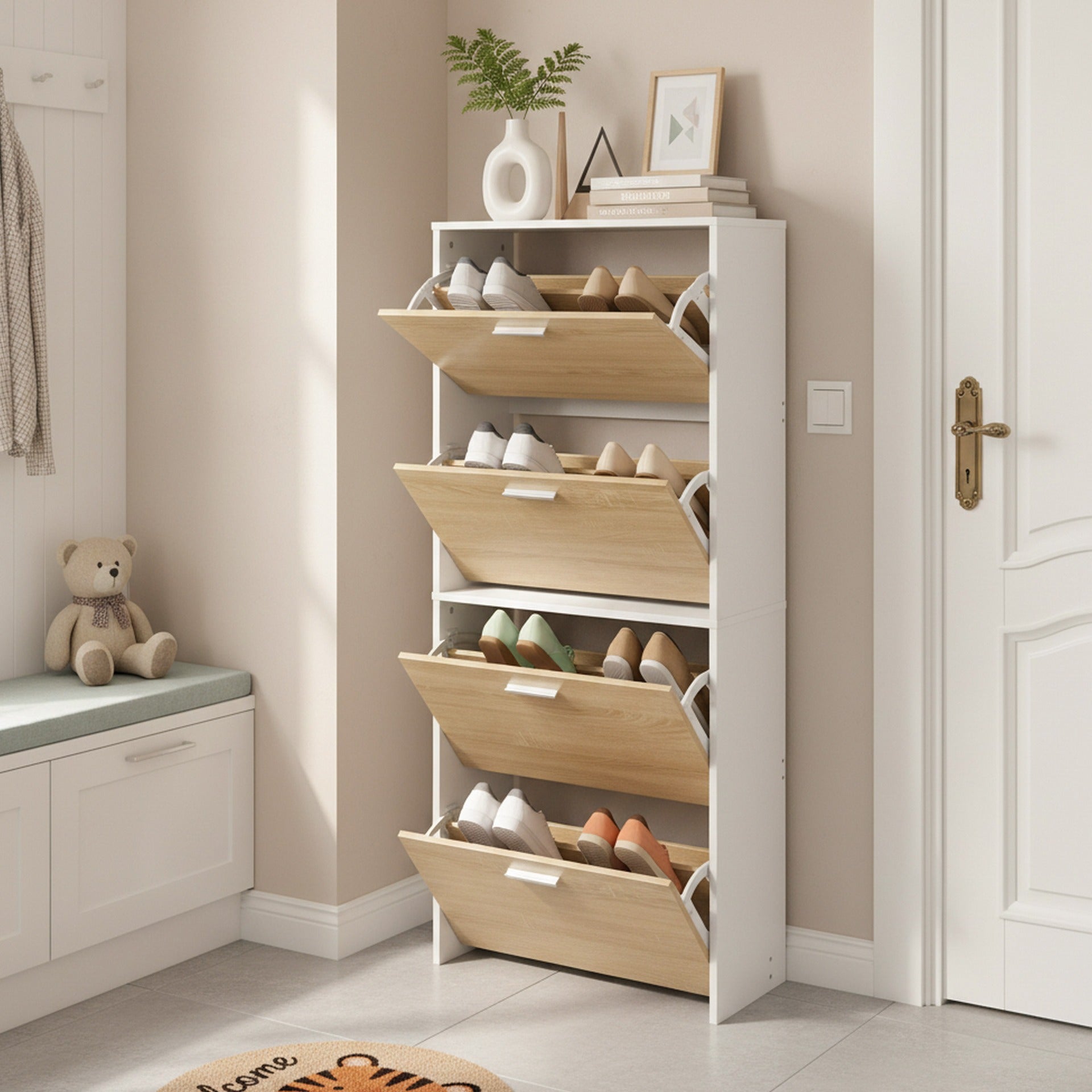 Navo 4 Drawer Shoe Cabinet Storage Rack - White Oak – Treasurebox