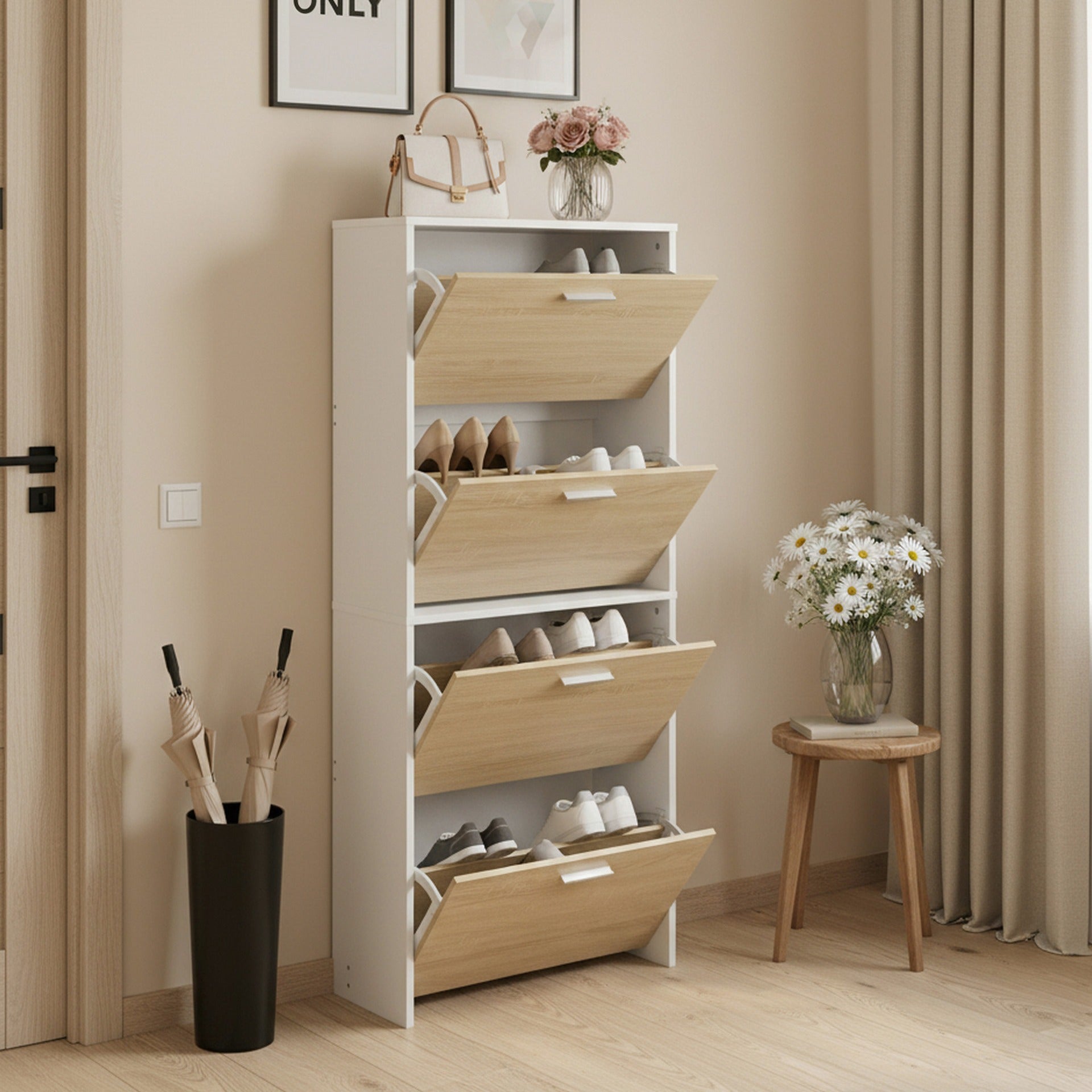 Navo 4 Drawer Shoe Cabinet Storage Rack - White Oak – Treasurebox