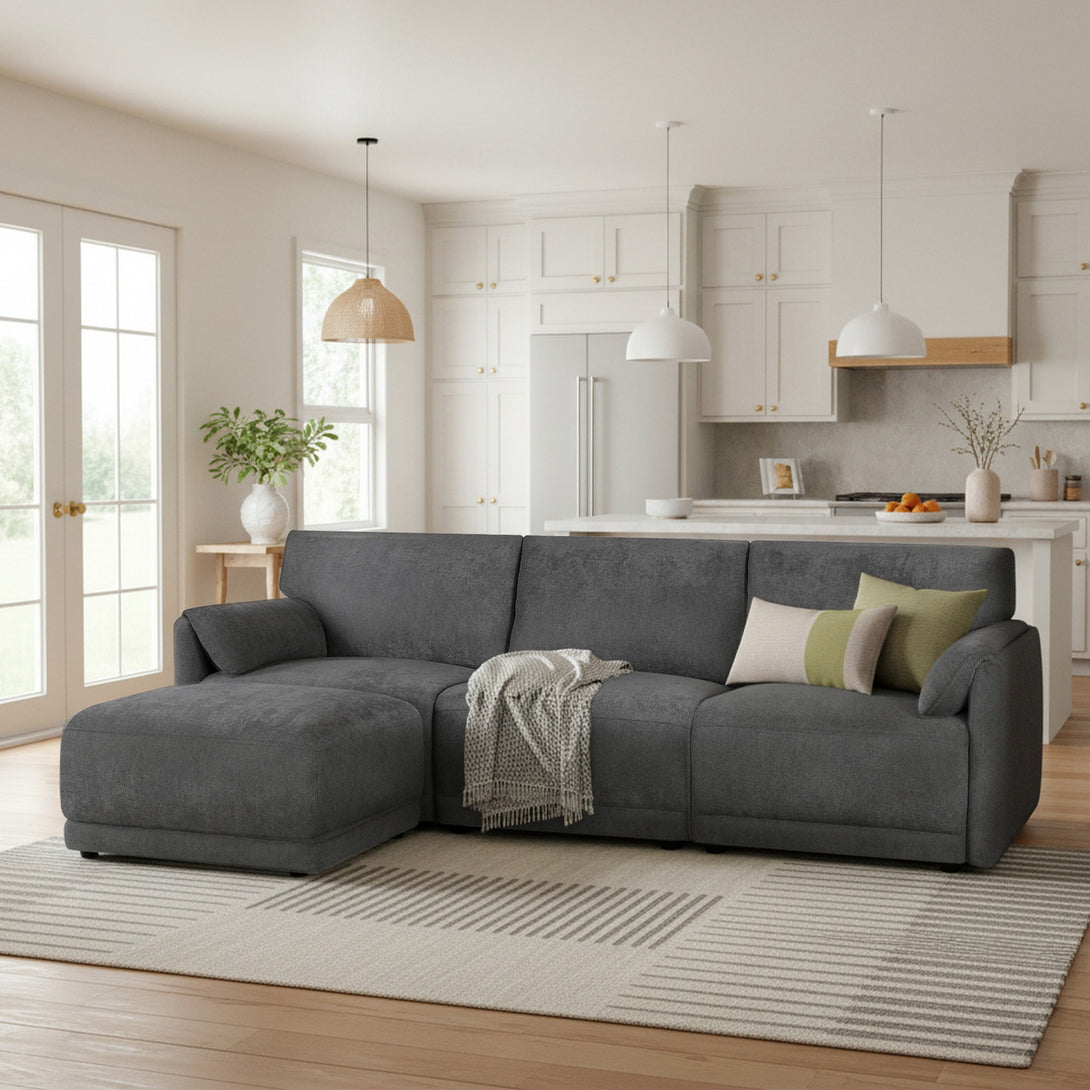 Velvo 3 Seater Modular Sofa with Ottoman - Dark Grey