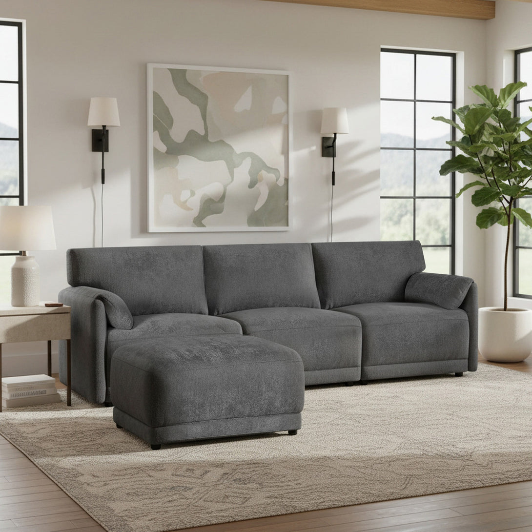 Velvo 3 Seater Modular Sofa with Ottoman - Dark Grey