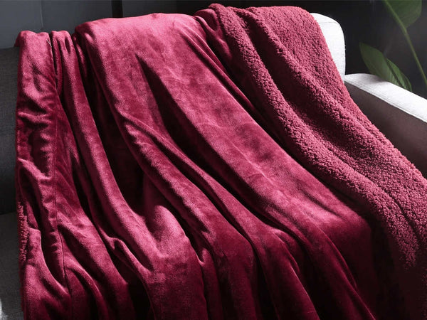Double Layer Warm Fleece Blanket Throw Blanket - MAROON RED