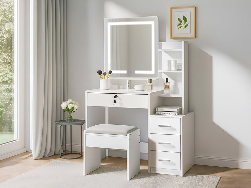 GARDENIA 2 Piece Dressing Table with Mirror & Stool Set - White   Treasurebox