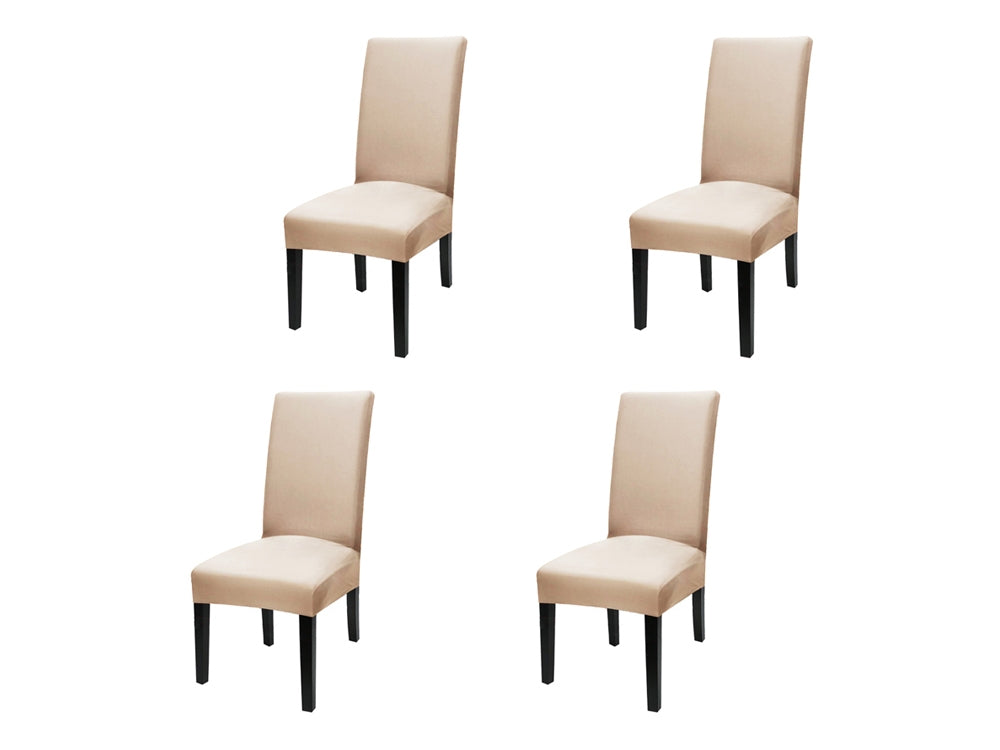 4 beige dining chairs with black legs, perfect for adding style and protection to your dining room furniture.