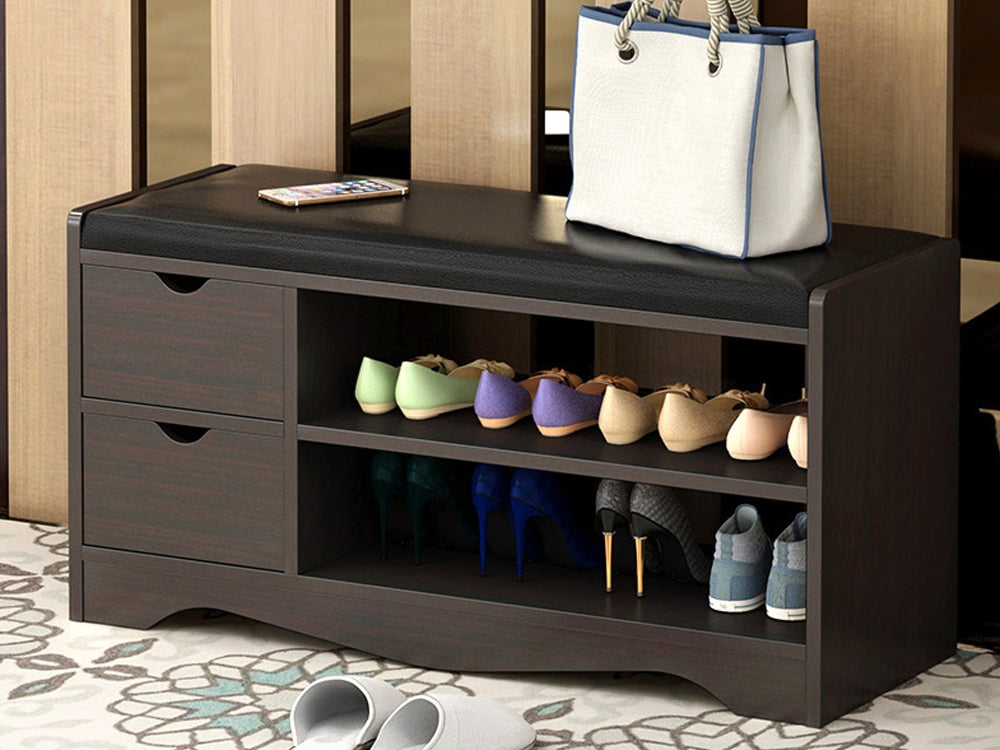 Treasurebox 80CM 2 Drawer Shoe Rack Bench - BLACK WALNUT
