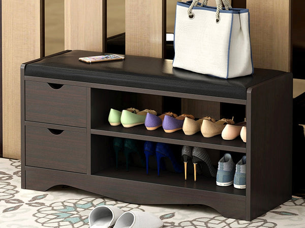 Treasurebox 80CM 2 Drawer Shoe Rack Bench - BLACK WALNUT