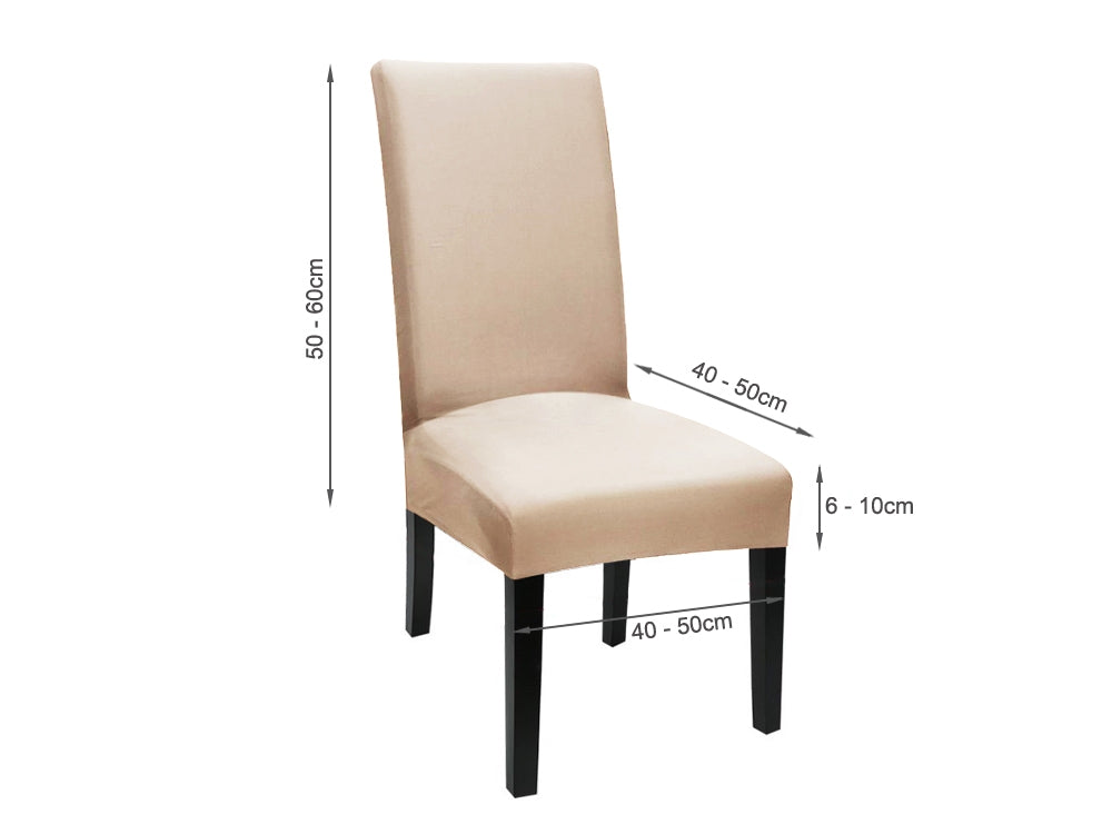 Beige dining chair cover displayed on a chair with dimensions for optimal fit. Perfect for protecting and updating décor.