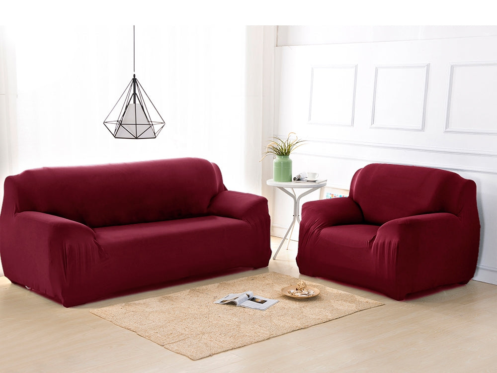 Red elastic couch cover for 2-seater sofa and armchair, perfect for protecting furniture from pets and kids.