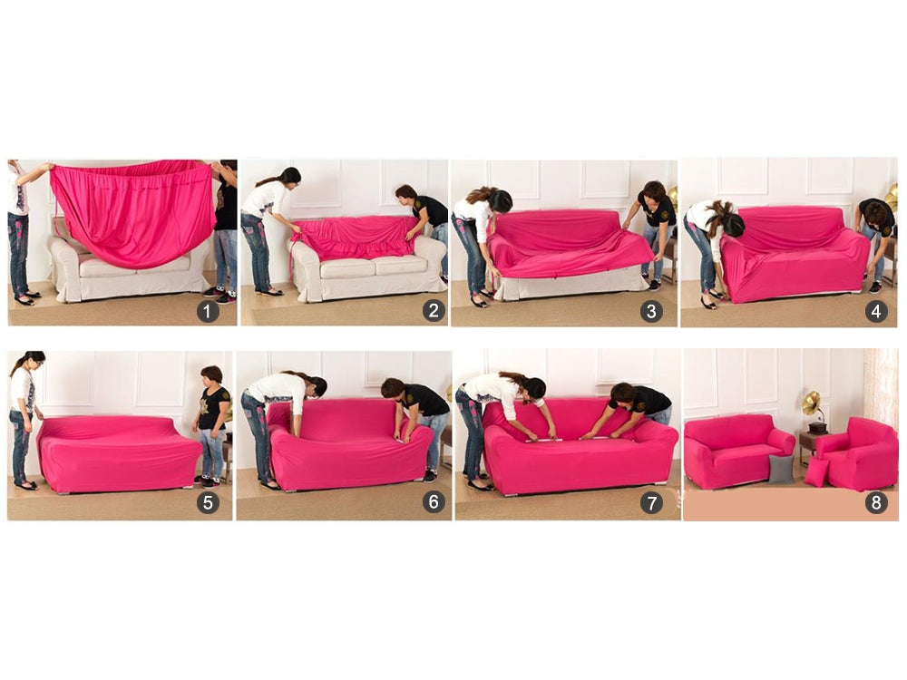 Step-by-step guide on applying a pink elastic couch cover to a sofa in a living room.