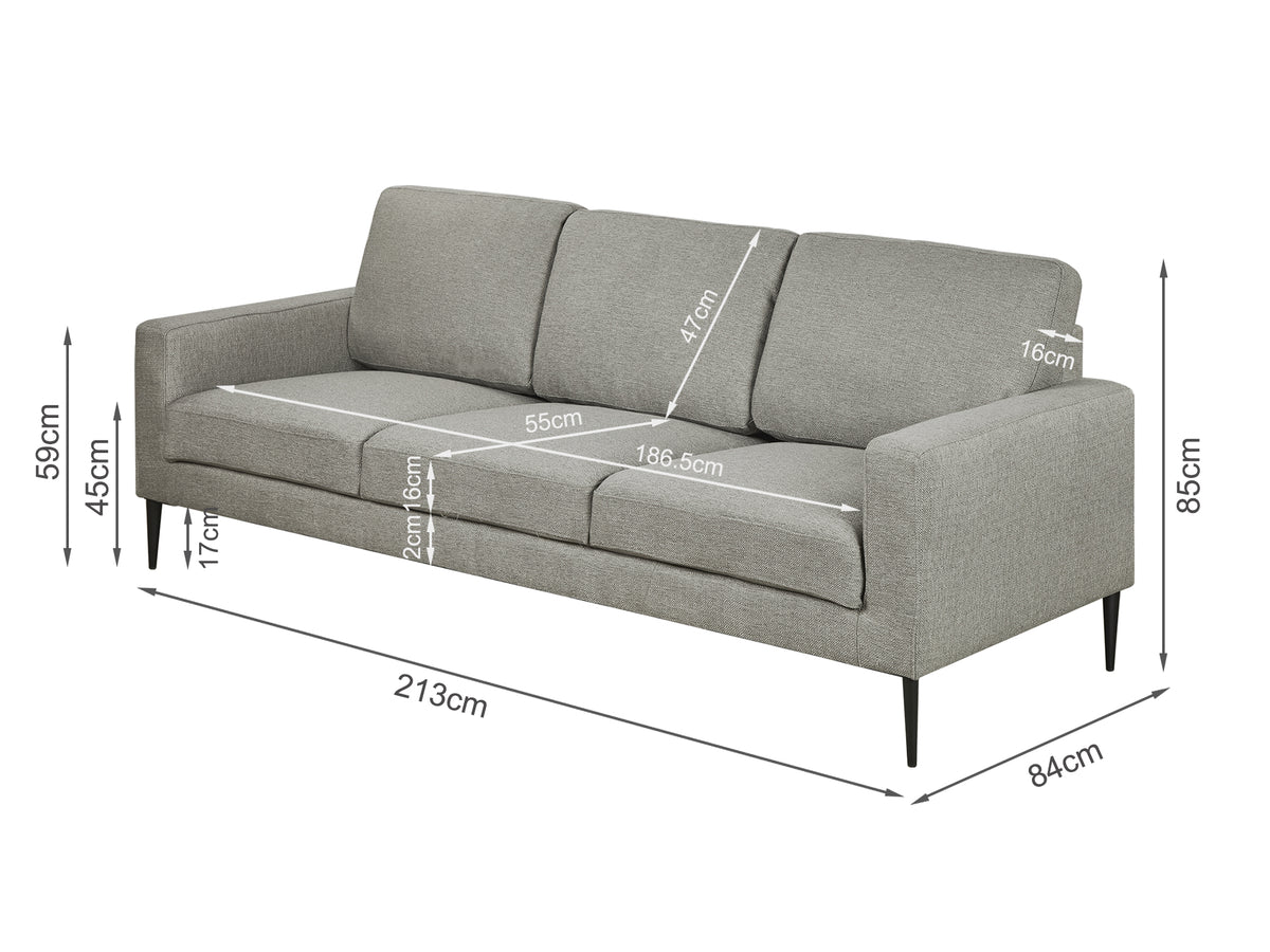 Treasurebox Toronto 3 Seater Fabric Sofa - Light Grey