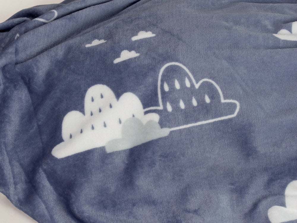Cozy fleece blanket featuring a soft cloud design in shades of gray and white, perfect for warmth and style.