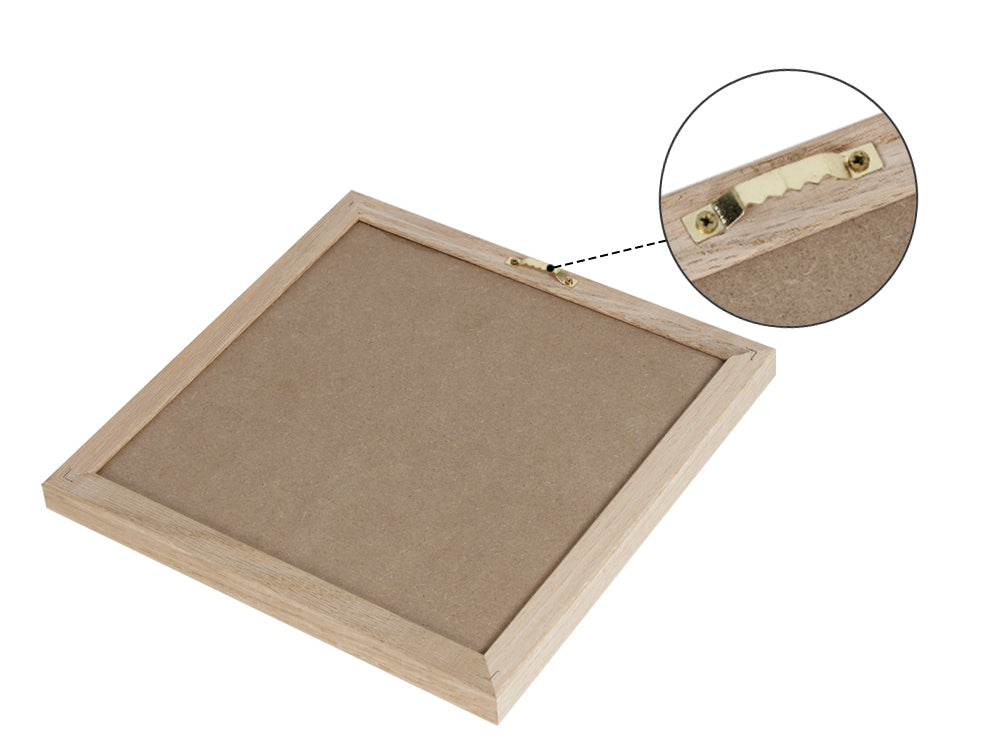 Back view of a square wooden frame displaying a wall mounting hook for easy display.