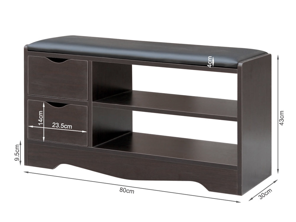 Treasurebox 80CM 2 Drawer Shoe Rack Bench - BLACK WALNUT