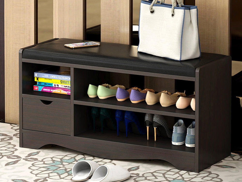 Treasurebox 80CM Single Drawer Shoe Rack Bench - BLACK WALNUT
