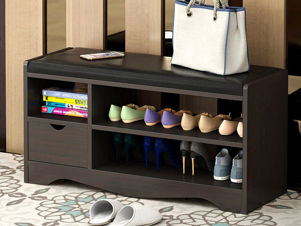 Treasurebox 80CM Single Drawer Shoe Rack Bench - BLACK WALNUT