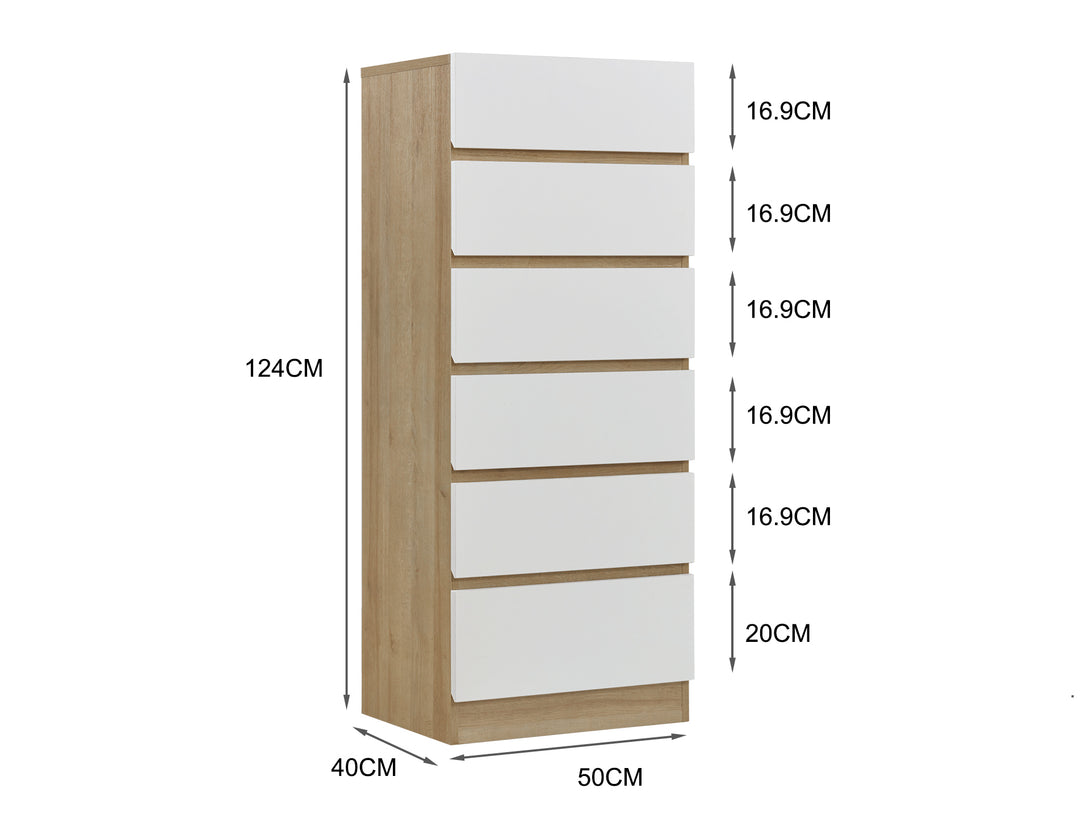Harris 6 Drawers Slim Tallboy - Oak + White