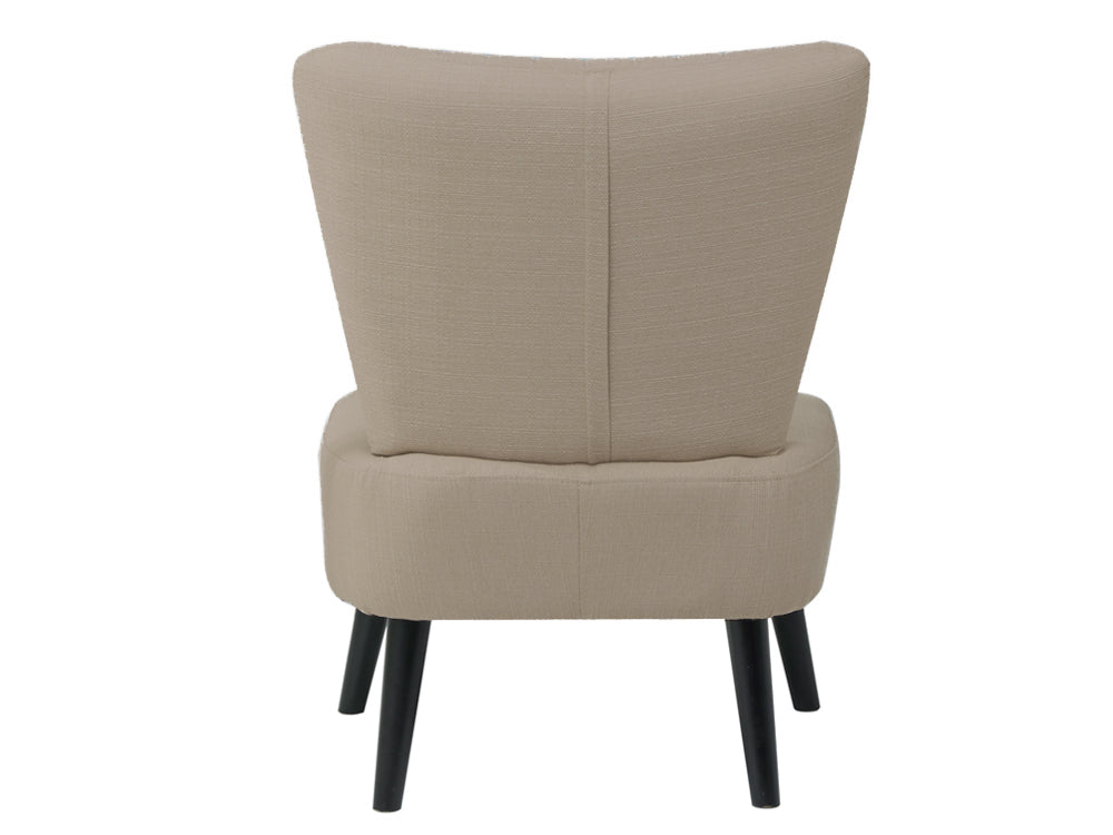 Back view of Anita Occasional Chair in beige fabric with black legs, showcasing elegant design and versatile style.