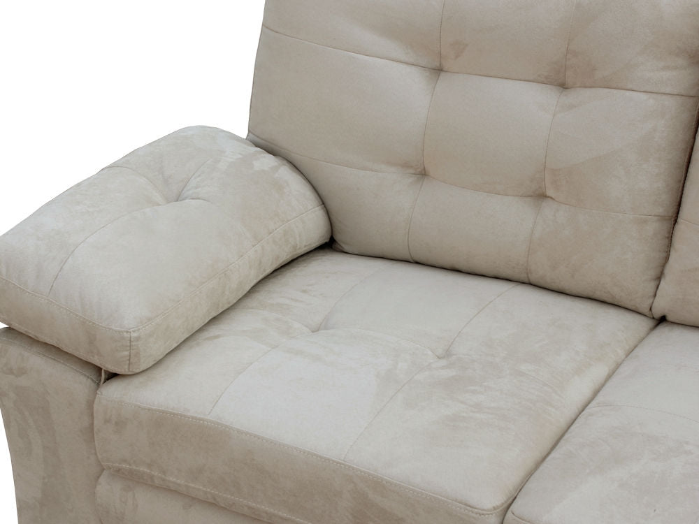 Close-up of LAWRENCE 2-Seater Sofa with tufted back and soft cushions for modern living room decor.