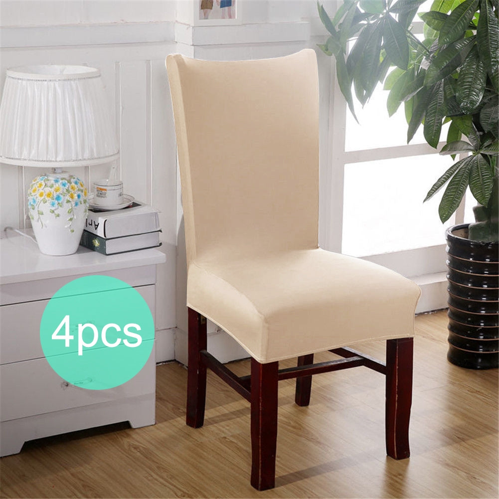 Beige stretch elastic dining chair cover displayed on a chair, perfect for protecting and updating your dining chairs.