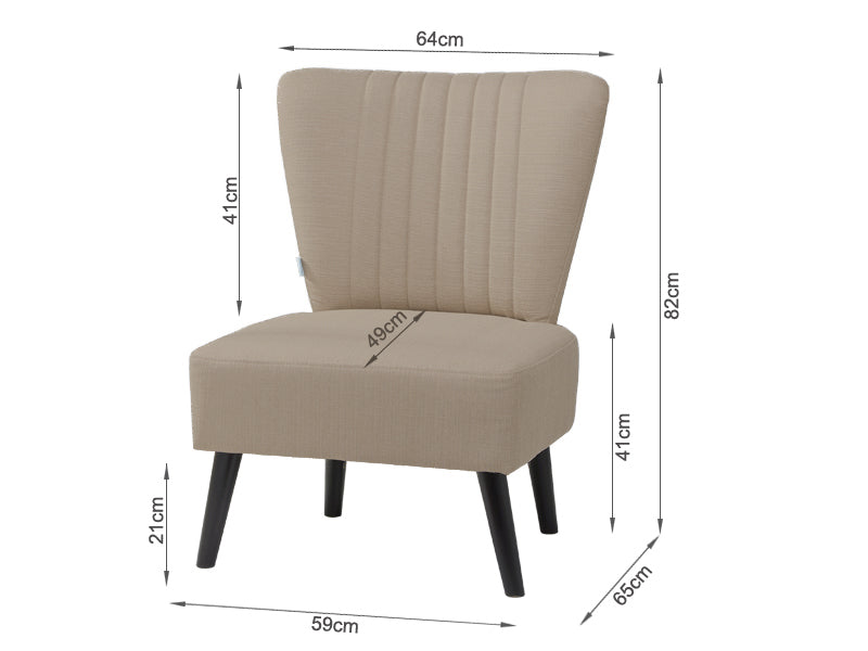 Anita Occasional Chair in beige fabric with dimensions, featuring modern design and comfortable seating.