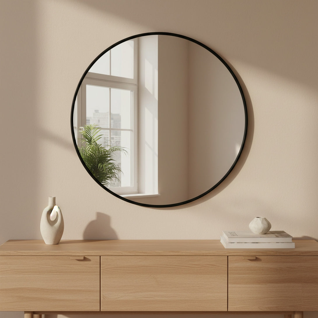 Aura Round Metal Framed Wall Mirror 90cm - Black