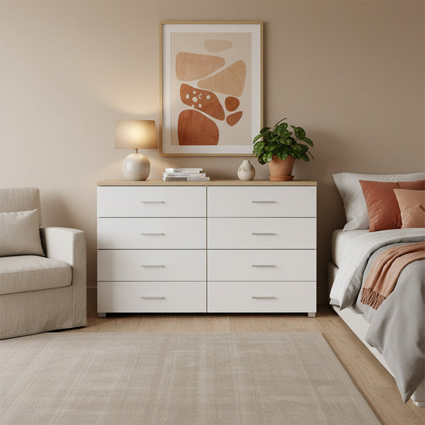 Bram Low Boy 8 Drawer Chest Dresser - Oak + White