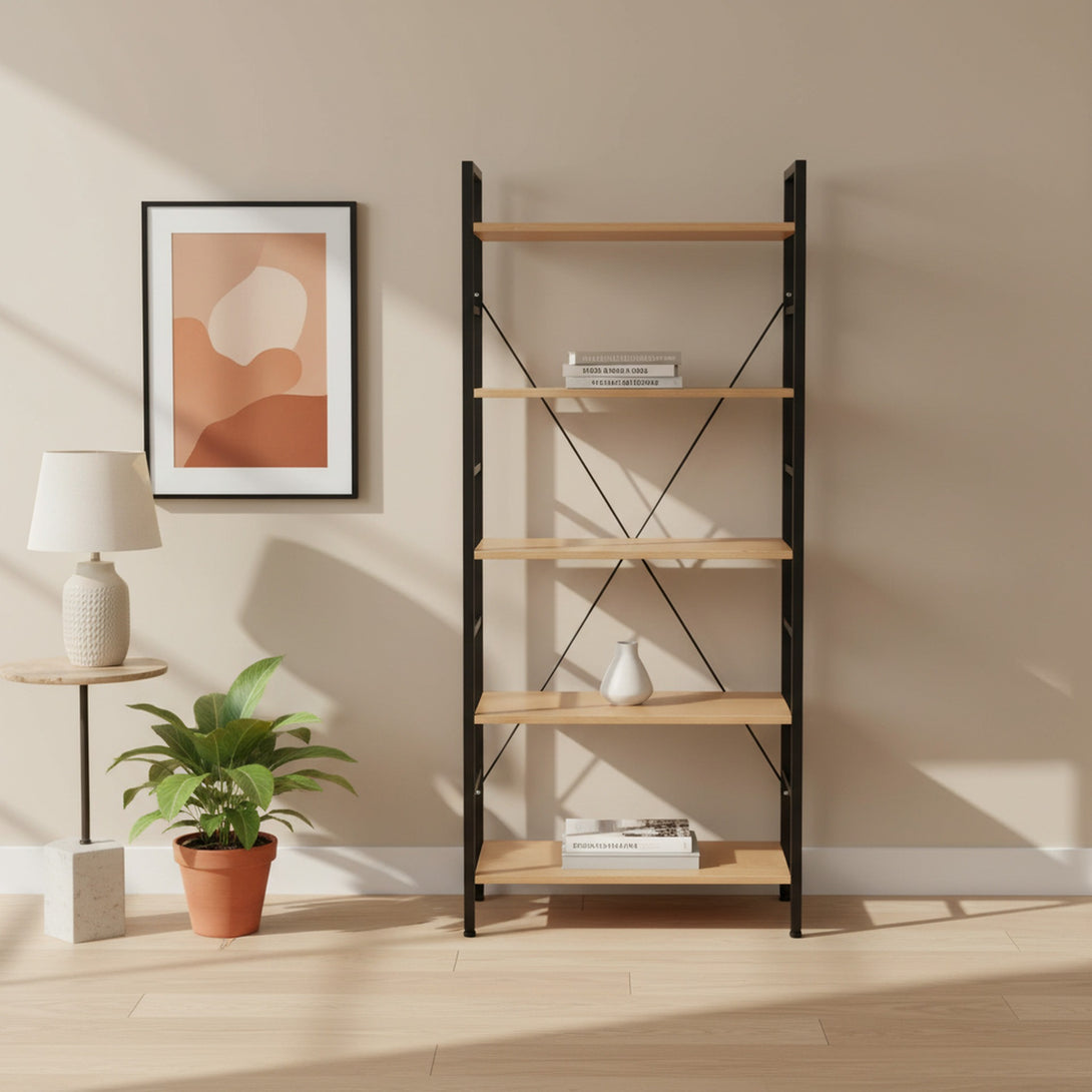 Hikuai 5 Tier Bookshelf - Natural + Black